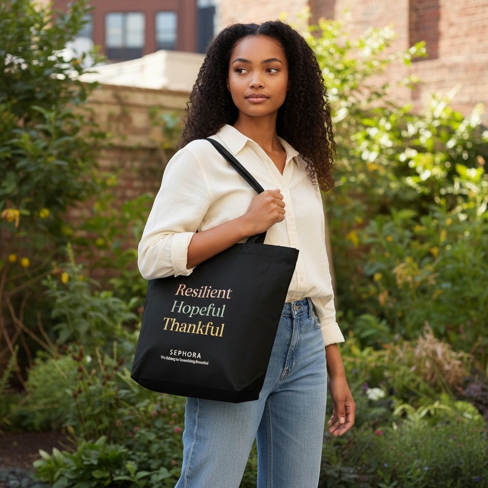 Sephora Black Cloth Tote Bag Resilient Hopeful Thankful Shopping Canvas Reusable